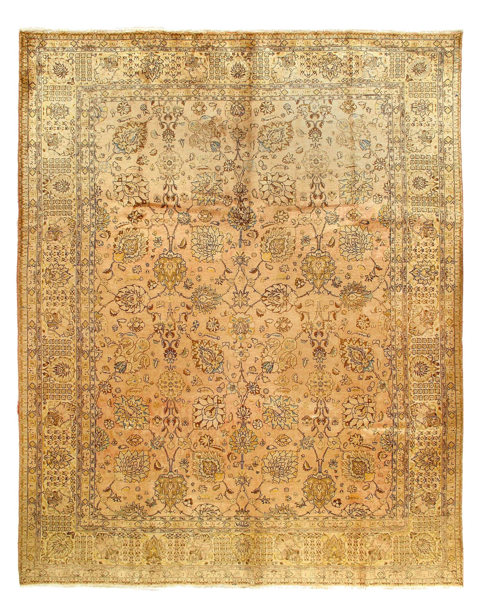 Light Peach Fine Hand Knotted Vintage Tabriz 9'7'' X 12'4'': Light Peach Fine Hand Knotted Vintage Tabriz 9'7'' X 12'4'' - Circa 1960, Tabriz, Hand-Knotted, Lamb's Wool, 300 -26025- 862.This item is part of our fine auction collection which includes many fine h