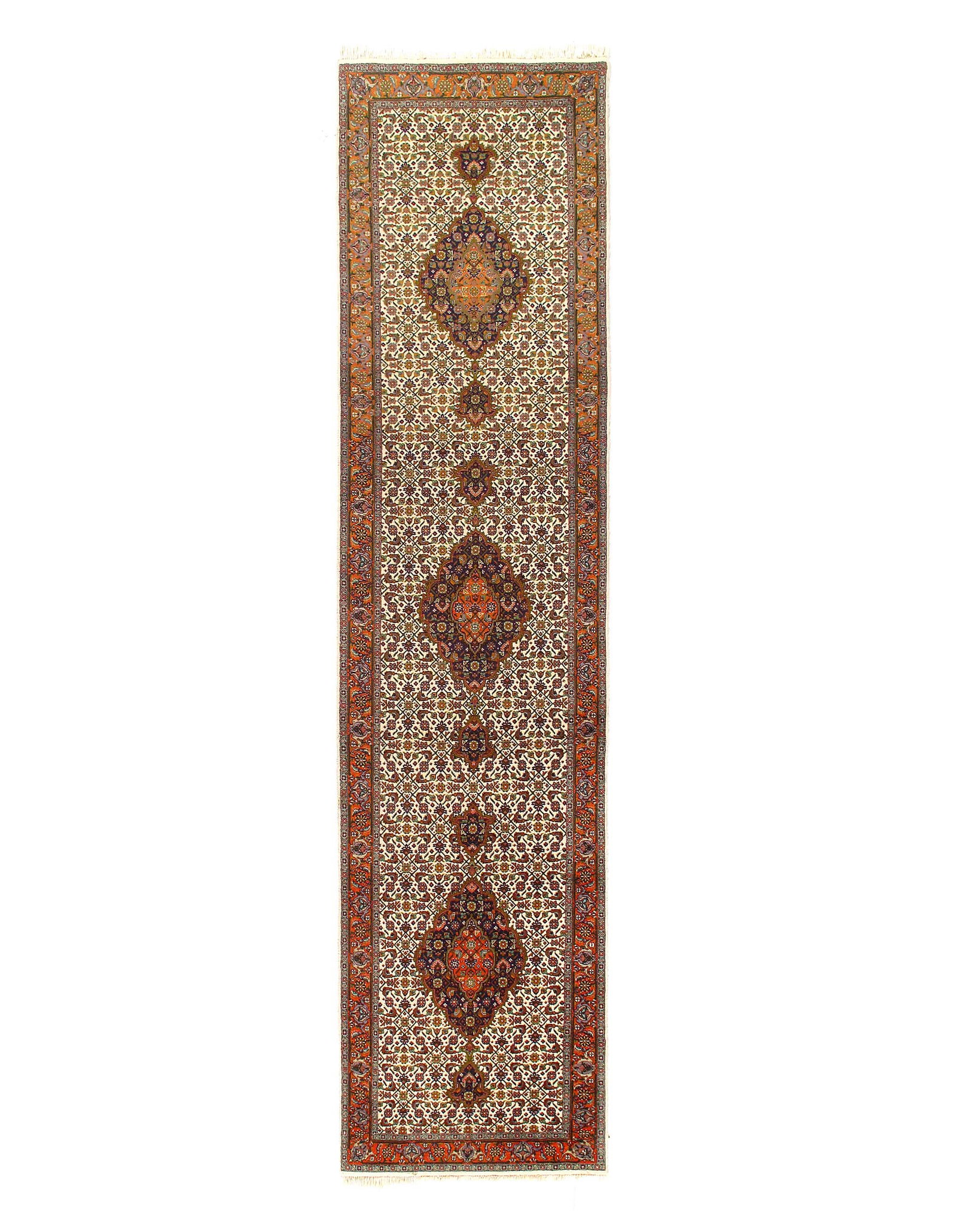 Fine Hand Knotted Silk & wool Tabriz runner 2'11"X 11'8": Fine Hand Knotted Silk & wool Tabriz runner 2'11"X 11'8" - CIRCA 1980, Tabriz, Hand-Knotted, Wool & Silk, 300 -D15078- 862.This item is part of our fine auction collection which includes many fine hom
