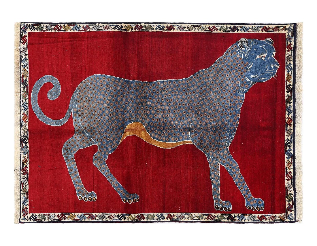 Fine Hand knotted Persian Shiraz Cheetah Pictorial Patterns 3'4'' X 4'8'': Fine Hand knotted Persian Shiraz Cheetah Pictorial Patterns 3'4'' X 4'8'' - New, Shiraz, Hand-Knotted, Lamb's Wool, 300 -D13385- 862.This item is part of our fine auction collection which includes man