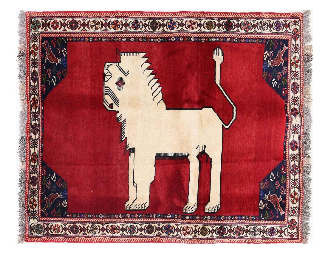 Handmade Persian Gabbeh Pictorial Lion Accent 4'X 5': Handmade Persian Gabbeh Pictorial Lion Accent 4'X 5' - NEW, Shiraz, Hand-Knotted, Lamb's Wool, 300 -D13689- 862.This item is part of our fine auction collection which includes many fine home accessori