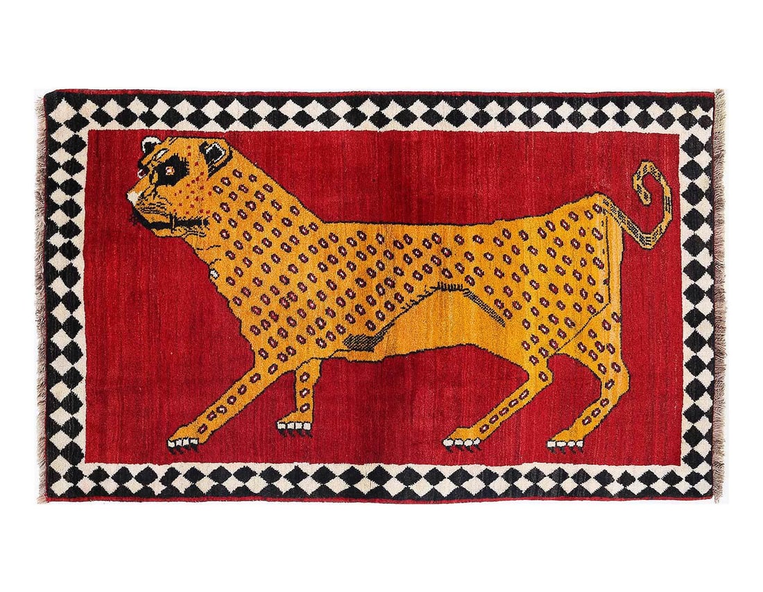 Animal Pictorial Cheetah Hand Knotted Rug 3'8"X 6'7": Animal Pictorial Cheetah Hand Knotted Rug 3'8"X 6'7" - NEW, Shiraz, Hand-Knotted, Lamb's Wool, 300 -D13639- 862.This item is part of our fine auction collection which includes many fine home accessori