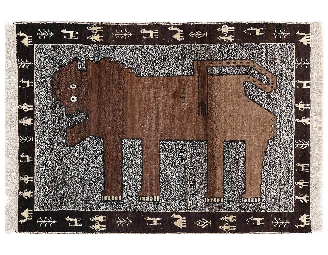 Handmade Persian Gabbeh Pictorial Lion Accent 3'4"X 4'9": Handmade Persian Gabbeh Pictorial Lion Accent 3'4"X 4'9" - NEW, Shiraz, Hand-Knotted, Lamb's Wool, 300 -D13834- 862.This item is part of our fine auction collection which includes many fine home acces