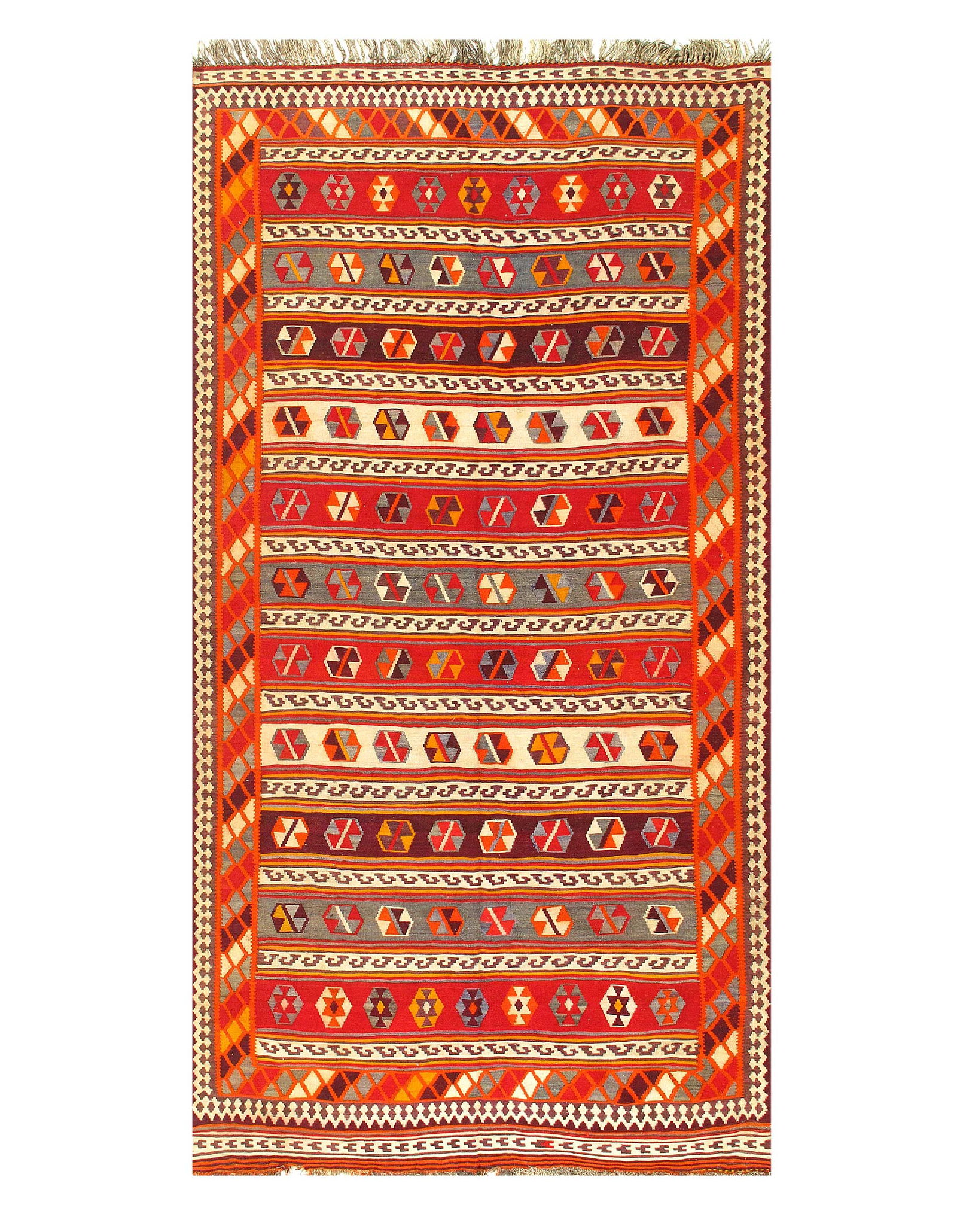 Multi color Fine Hand Knotted Kilim Rug 5'6'' X 10'7'': Multi color Fine Hand Knotted Kilim Rug 5'6'' X 10'7'' - Circa 1980, Shiraz, Hand-Knotted, Flat Weave, 300 -52770- 862.This item is part of our fine auction collection which includes many fine home ac