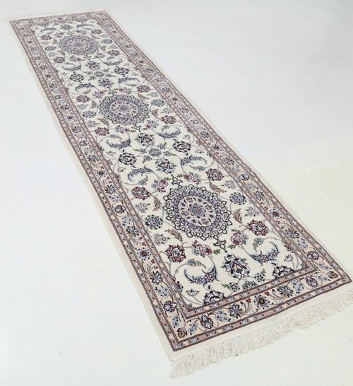 Ivory color Fine Hand knotted persian silk & wool Nain runner 2'7'' X 9'6'': Ivory color Fine Hand knotted persian silk & wool Nain runner 2'7'' X 9'6'' - New, Nain, Hand-Knotted, Wool & Silk, 300 -D13533- 862.This item is part of our fine auction collection which includes man