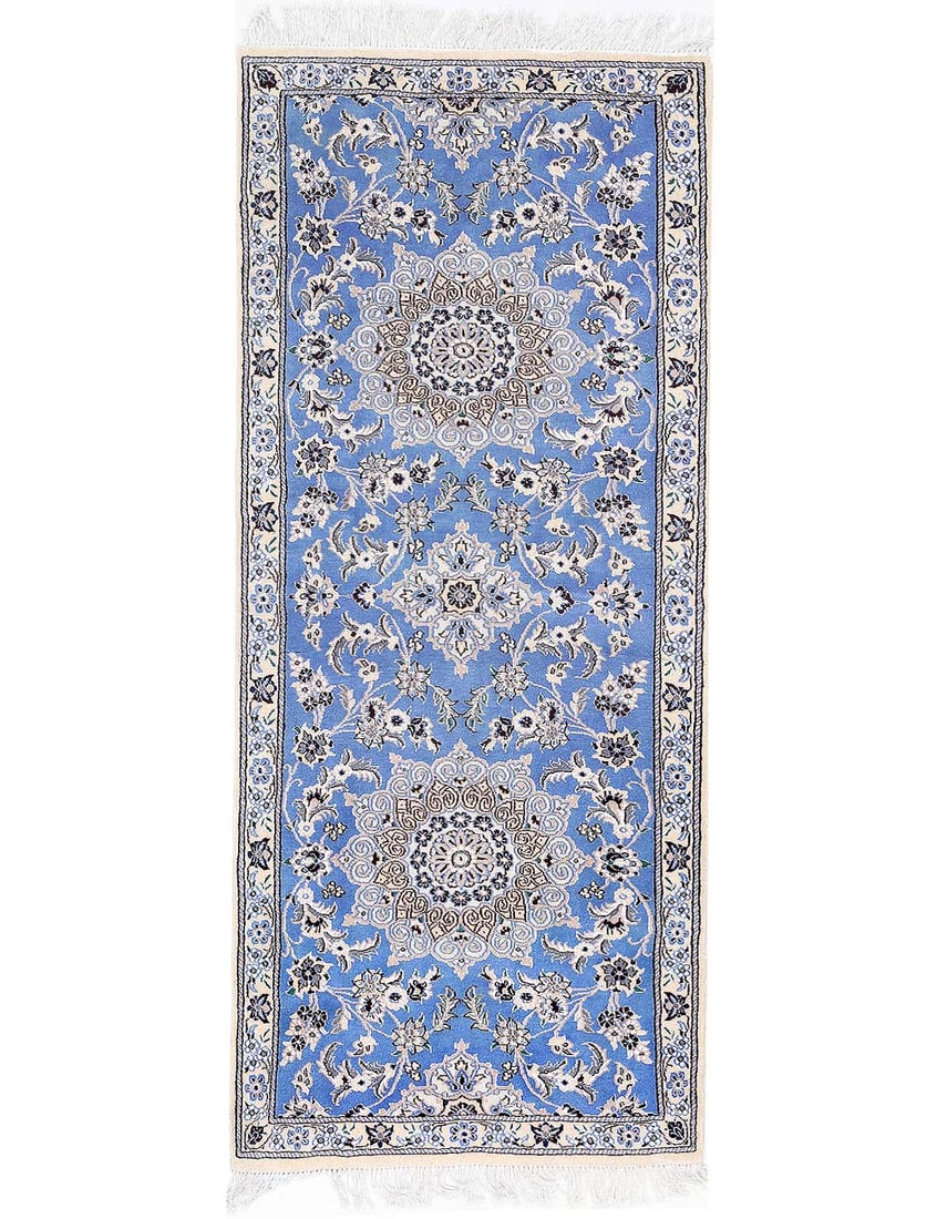 Light blue Fine Hand knotted Persian silk & wool Nain 2'7'' X 6'5'': Light blue Fine Hand knotted Persian silk & wool Nain 2'7'' X 6'5'' - New, Nain, Hand-Knotted, Wool & Silk, 300 -D13531- 862.This item is part of our fine auction collection which includes many fine h