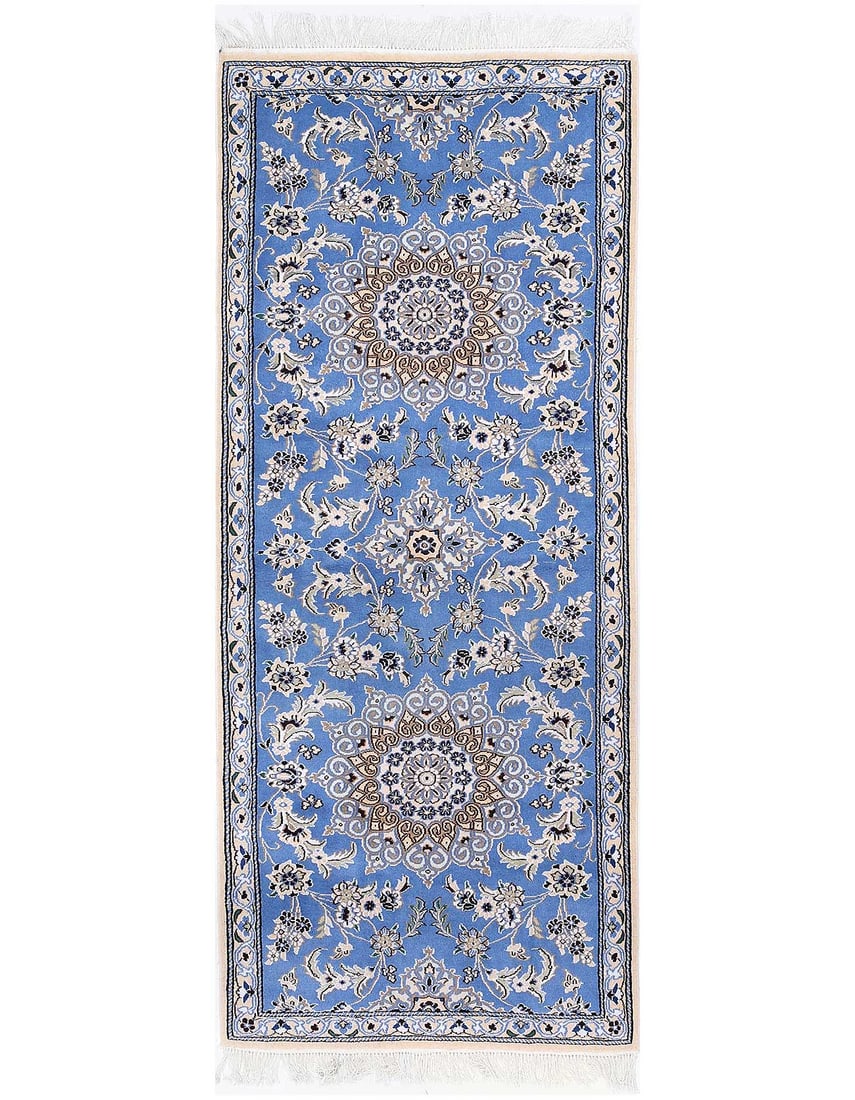 Light blue Fine Hand knotted Persian silk & wool Nain 2'7'' X 6'8'': Light blue Fine Hand knotted Persian silk & wool Nain 2'7'' X 6'8'' - New, Nain, Hand-Knotted, Lamb's Wool, 300 -D13529- 862.This item is part of our fine auction collection which includes many fine h