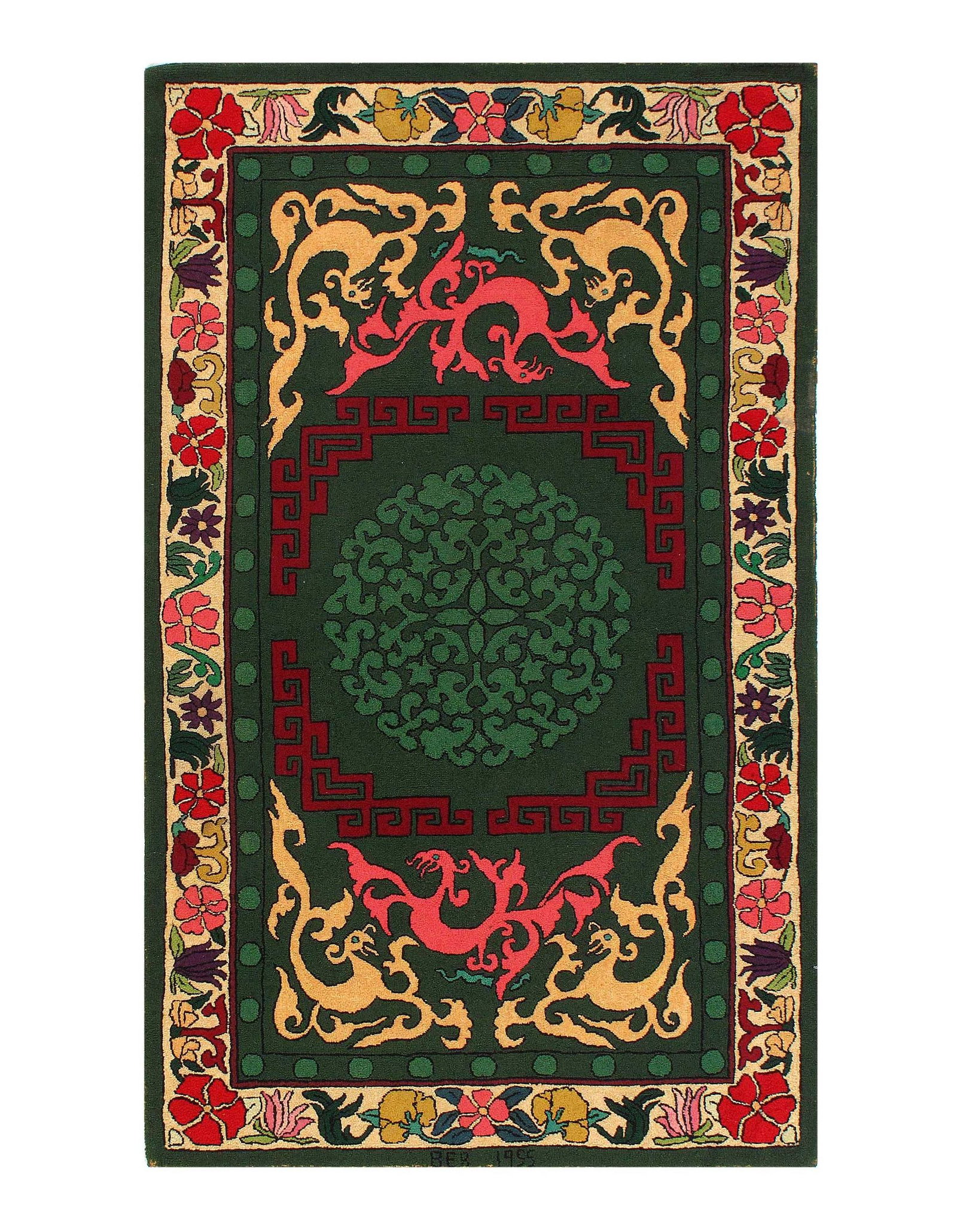 Green Extermally fine Antique amrican hook Area rug 2'11'' X 4'11'': Green Extermally fine Antique amrican hook Area rug 2'11'' X 4'11'' - Circa 1955, Hooked Rug, Hand-made, Lamb's Wool, 300 -D11242- 862.This item is part of our fine auction collection which includes m
