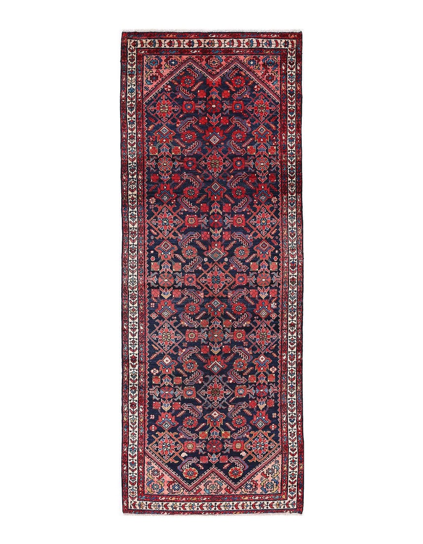 Navy Blue Fine Hand knotted Persian antique Hamadan runner 3'6'' X 9'11'': Navy Blue Fine Hand knotted Persian antique Hamadan runner 3'6'' X 9'11'' - Circa 1920, Hamadan, Hand-Knotted, Lamb's Wool, 300 -D13672- 862.This item is part of our fine auction collection which
