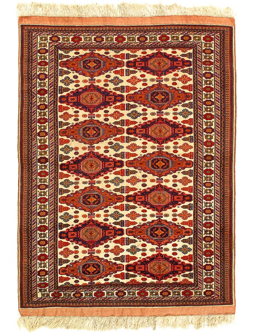 Fine Antique Hand-Knotted silk Torkaman 4' x 5'4": Fine Antique Hand-Knotted silk Torkaman 4' x 5'4" - Circa 1960, Turkaman, Hand-Knotted, Pure Silk, 300 -D14578- 862.This item is part of our fine auction collection which includes many fine home acces