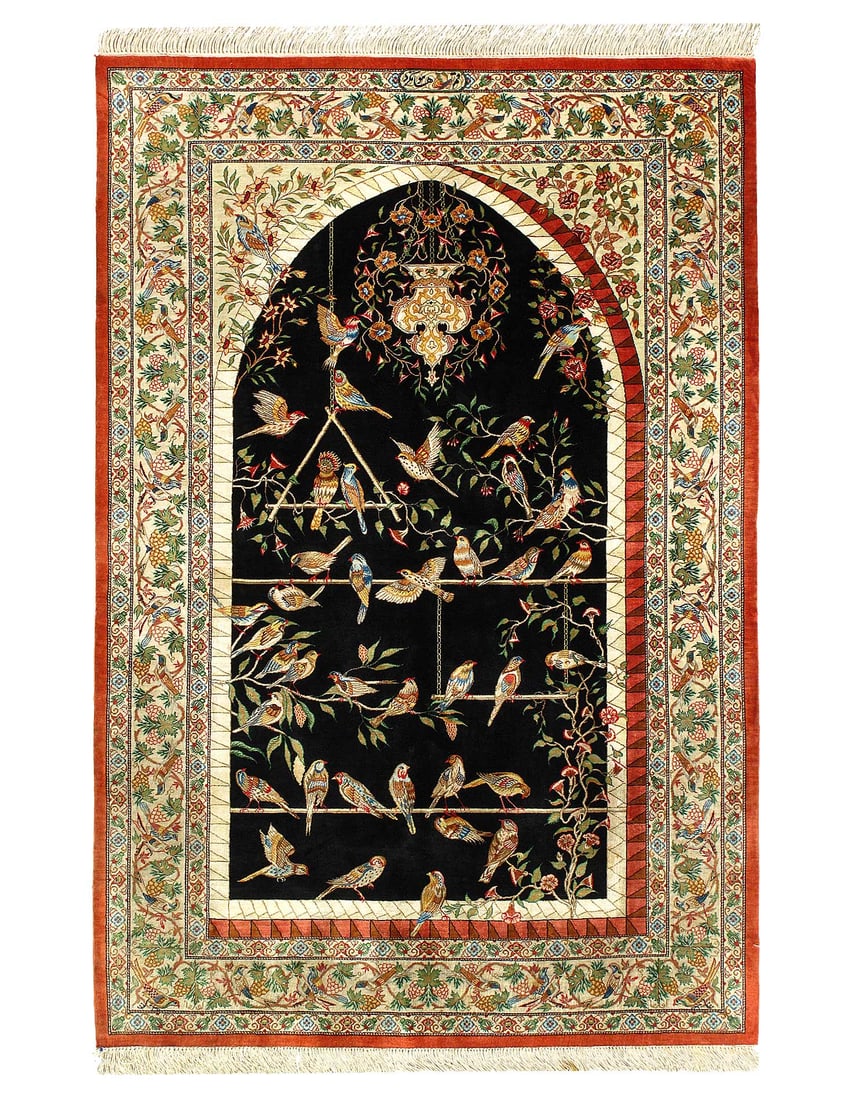 Fine Hand Knotted Pure silk Qum rug 3'4'' X 5'1'': Fine Hand Knotted Pure silk Qum rug 3'4'' X 5'1'' - New, Qum, Hand-Knotted, Pure Silk, 300 -D12301- 862.This item is part of our fine auction collection which includes many fine home accessories inclu