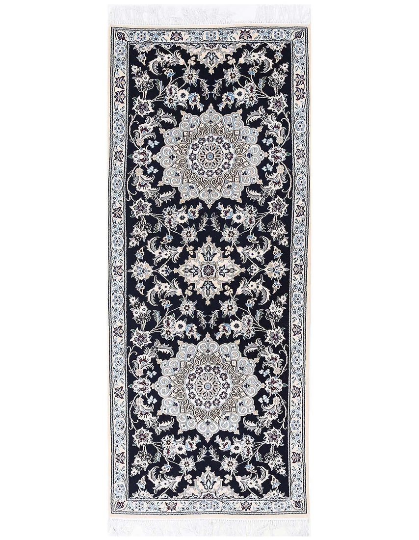 Navy Blue Fine Hand Knotted Persian Silk & wool Nain 2'9"X 6'9": Navy Blue Fine Hand Knotted Persian Silk & wool Nain 2'9"X 6'9" - NEW, Nain, Hand-Knotted, Wool & Silk, 300 -D13696- 862.This item is part of our fine auction collection which includes many fine home 