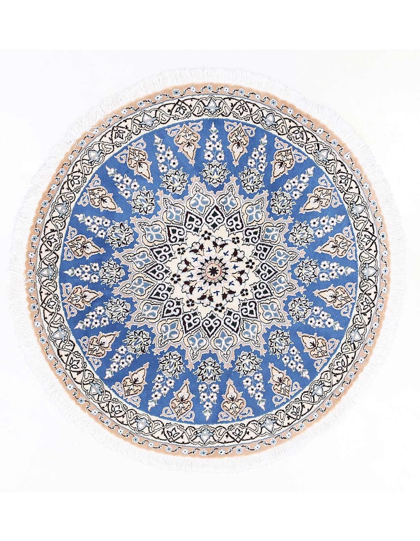 Light blue Color Hand knotted Persian silk & wool Nain round rug 3'9"X 3'9": Light blue Color Hand knotted Persian silk & wool Nain round rug 3'9"X 3'9" - NEW, Nain, Hand-Knotted, Wool & Silk, 300 -D13699- 862.This item is part of our fine auction collection which includes man