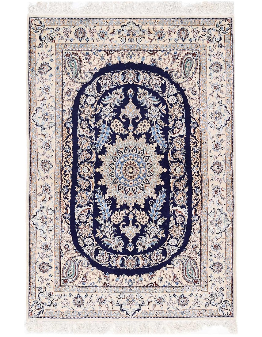 Navy Color Hand knotted Persian silk & wool Nain 3'4"X 4'11": Navy Color Hand knotted Persian silk & wool Nain 3'4"X 4'11" - NEW, Nain, Hand-Knotted, Wool & Silk, 300 -D13606- 862.This item is part of our fine auction collection which includes many fine home acc