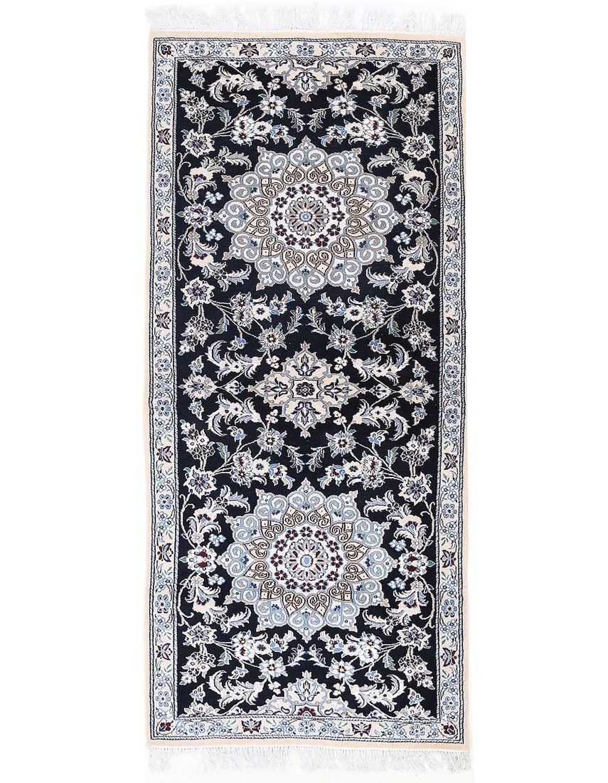 Navy Blue Fine Hand knotted Silk & wool Nain Runner 2'9"X 6'6": Navy Blue Fine Hand knotted Silk & wool Nain Runner 2'9"X 6'6" - NEW, Nain, Hand-Knotted, Wool & Silk, 300 -D13725- 862.This item is part of our fine auction collection which includes many fine home a