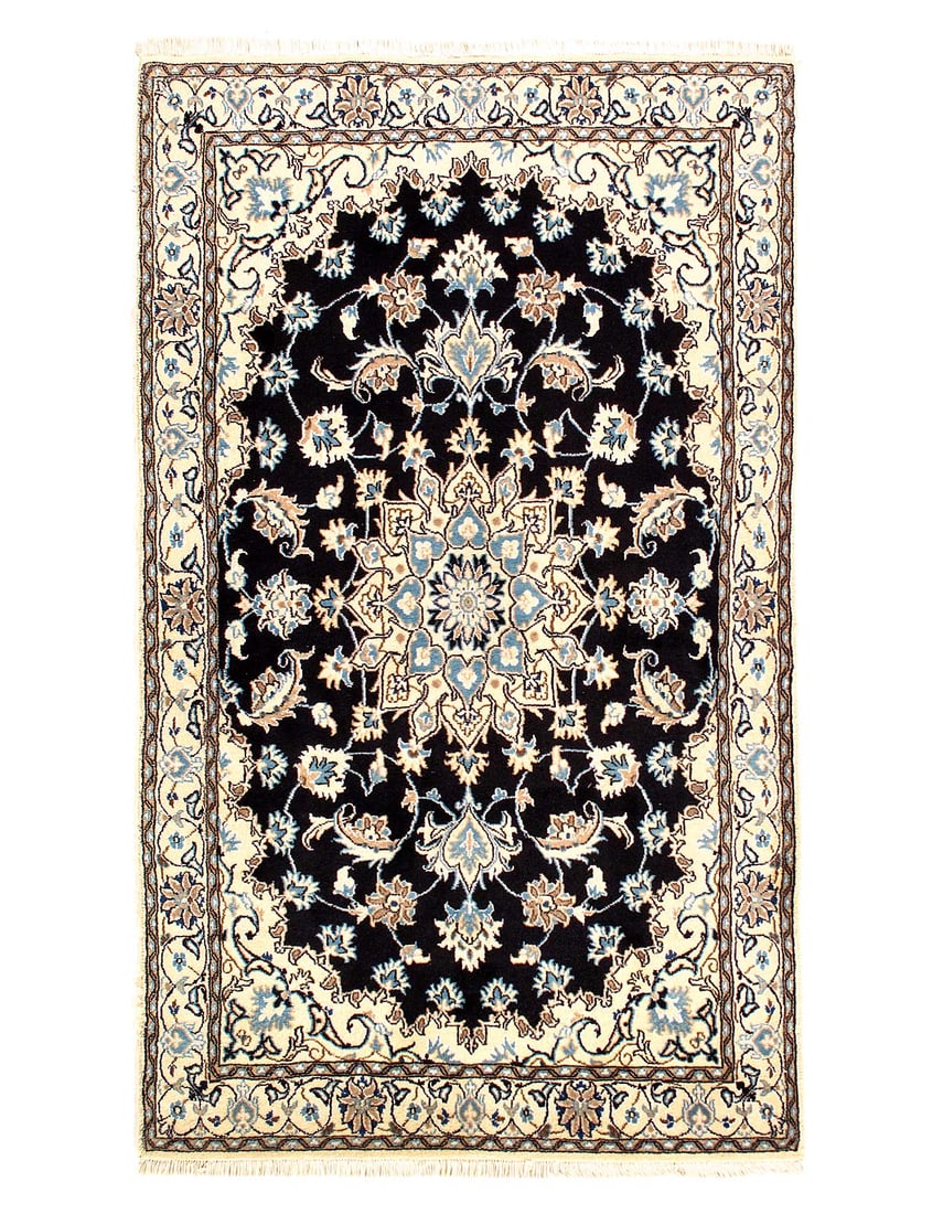 Navy blue fine hand knotted persian silk & wool Nain 3'9"x6'9": Navy blue fine hand knotted persian silk & wool Nain 3'9"x6'9" - New, Nain, Hand-Knotted, Wool & Silk, 300 -D07257- 862.This item is part of our fine auction collection which includes many fine home a