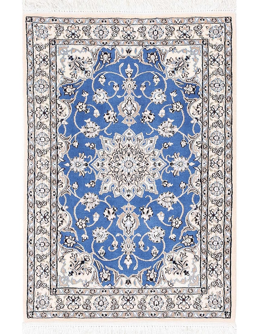 Blue Fine Hand Knotted Persian Silk & wool Nain 2'X 3': Blue Fine Hand Knotted Persian Silk & wool Nain 2'X 3' - NEW, Nain, Hand-Knotted, Wool & Silk, 300 -D13721- 862.This item is part of our fine auction collection which includes many fine home accessori