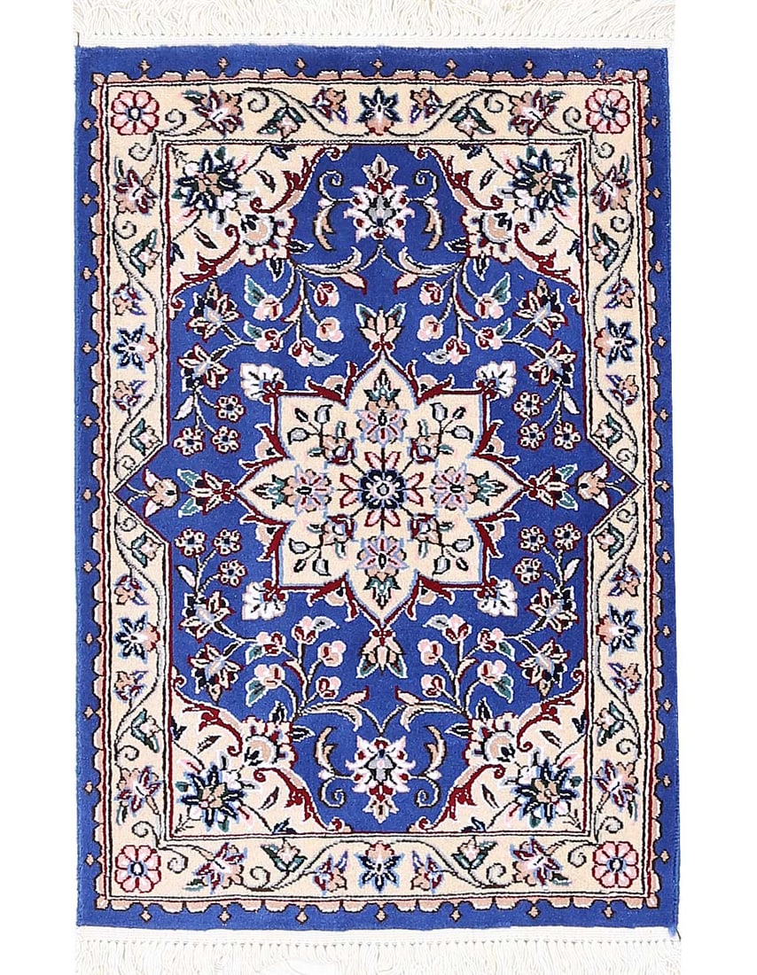 Blue Fine Hand Knotted Persian Silk & wool Nain 1'7"'X 2'7': Blue Fine Hand Knotted Persian Silk & wool Nain 1'7"'X 2'7' - NEW, Nain, Hand-Knotted, Wool & Silk, 300 -D13722- 862.This item is part of our fine auction collection which includes many fine home acce