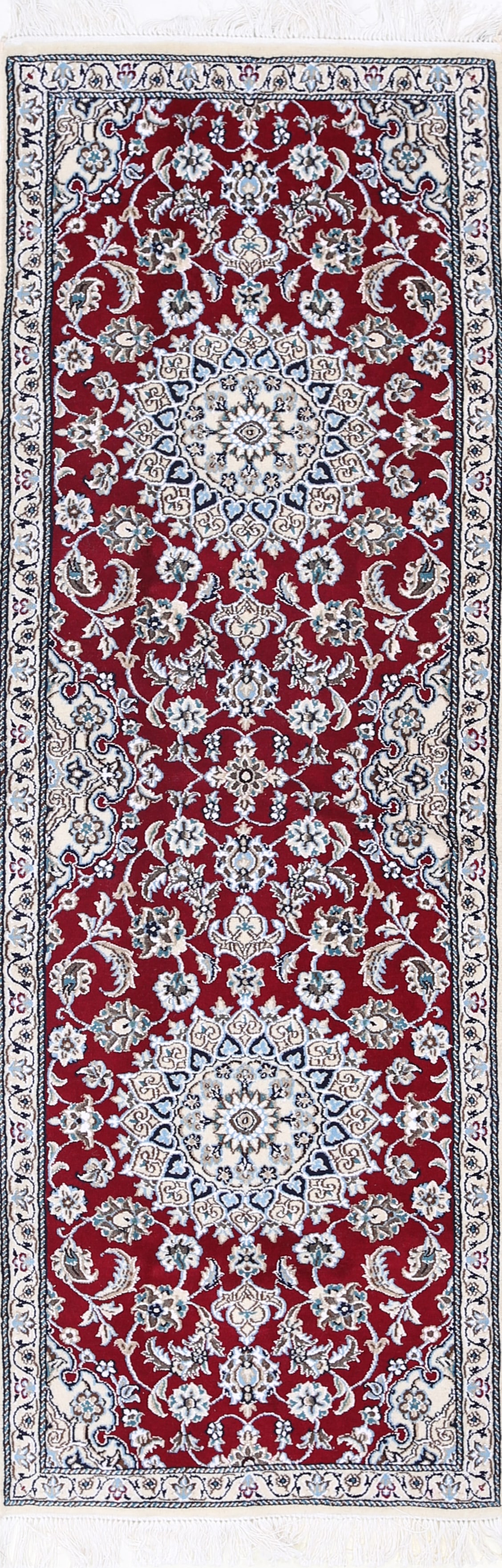 Red Color Fine Hand knotted Persian Silk & wool Nain Runner 2' X 6'5'': Red Color Fine Hand knotted Persian Silk & wool Nain Runner 2' X 6'5'' - New, Nain, Hand-Knotted, Wool & Silk, 300 -D13697- 862.This item is part of our fine auction collection which includes many fin