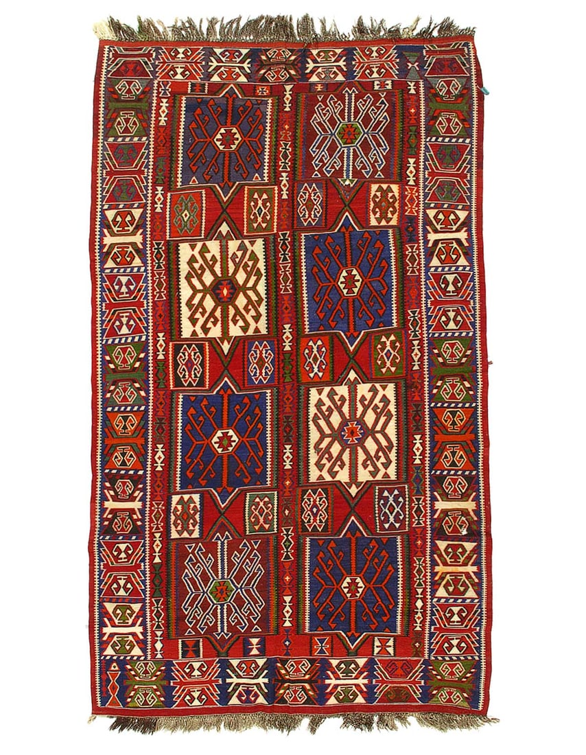 Red Turkish Antique Kilim 5'3"X 9'2": Red Turkish Antique Kilim 5'3"X 9'2" - CIRCA 1960, Kazak, Hand-Woven, Lamb's Wool, 300 -14661- 862.This item is part of our fine auction collection which includes many fine home accessories including 