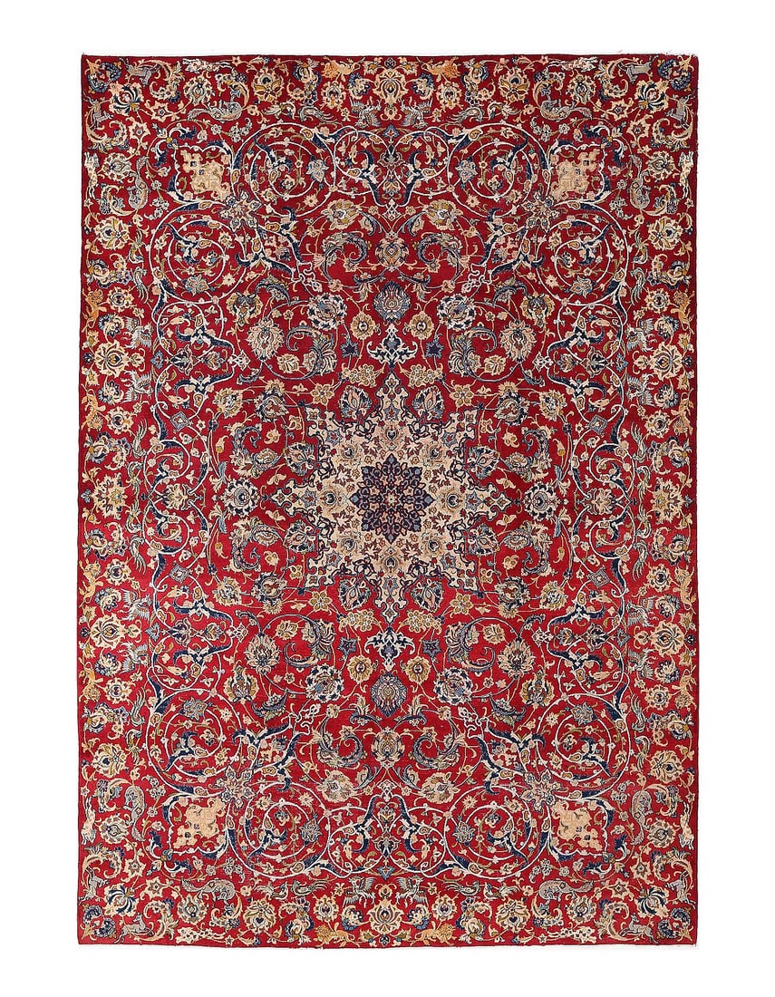 Red Hand Knotted Persian Isfahan 8'11"x 13'8": Red Hand Knotted Persian Isfahan 8'11"x 13'8" - CIRCA 1960, Isfahan, Hand-Knotted, Lamb's Wool, 300 -D14042- 862.This item is part of our fine auction collection which includes many fine home accessor