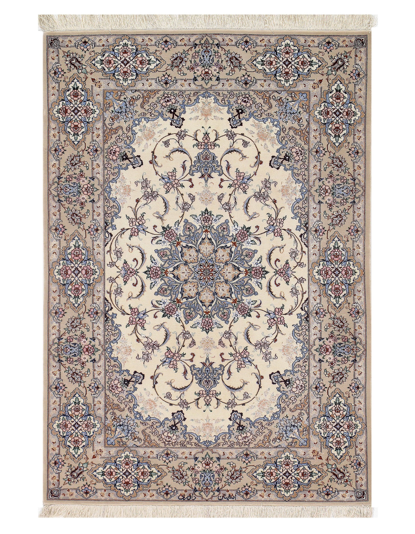 Ivory Persian Isfahan silk $ wool 3'7" X 5'3": Ivory Persian Isfahan silk $ wool 3'7" X 5'3" - New, Isfahan, Hand-Knotted, Wool & Silk, 300 -D09676- 862.This item is part of our fine auction collection which includes many fine home accessories inc
