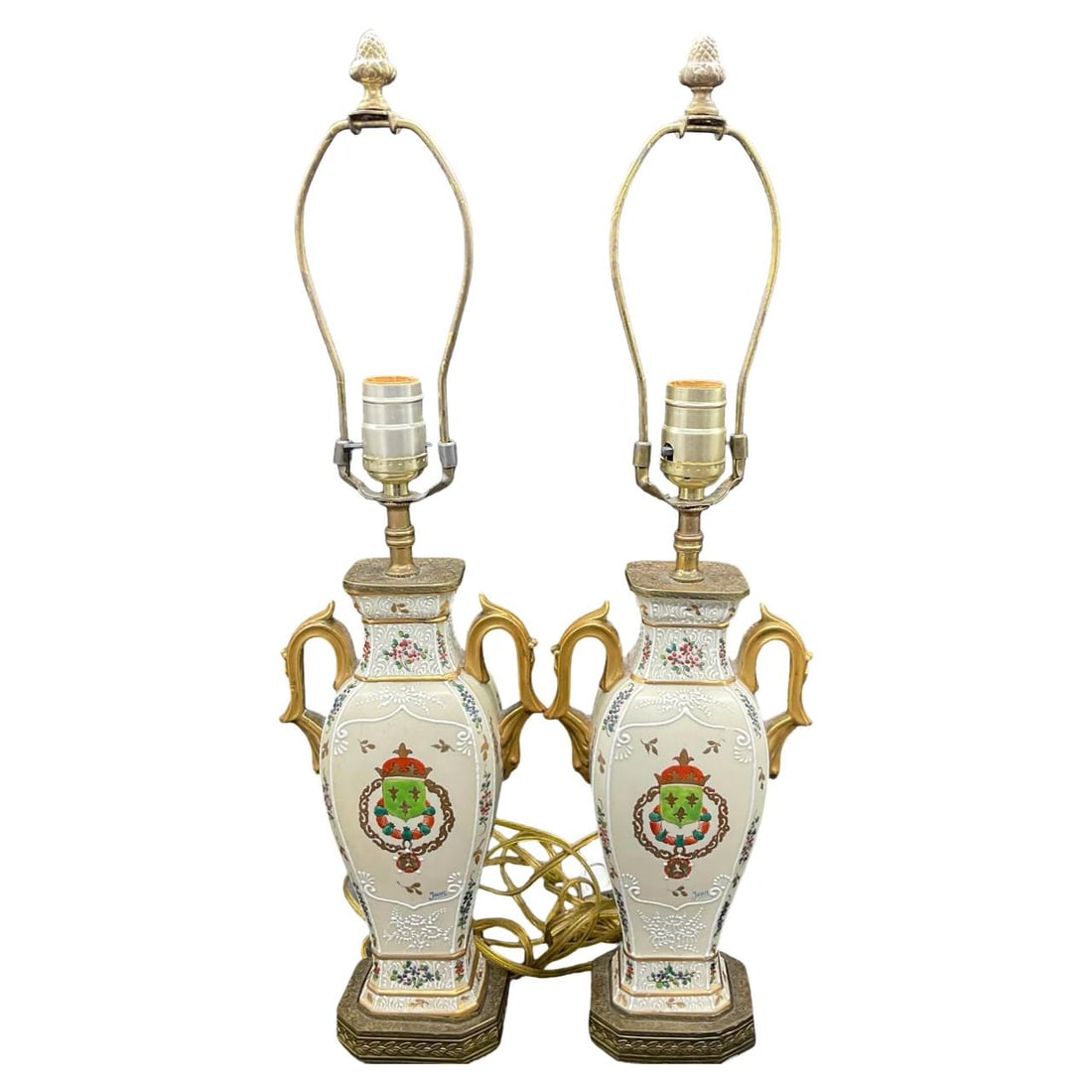 Pair JEAN Signed Hand Painted Crest Motif Lamps 22"H X 6"W: Pair JEAN Signed Hand Painted Crest Motif Lamps 22"H X 6"W - N/A, Traditional, N/A, Porcelain/Ceramic, 300 -TAP-512- 862.This item is part of our fine auction collection which includes many fine home 
