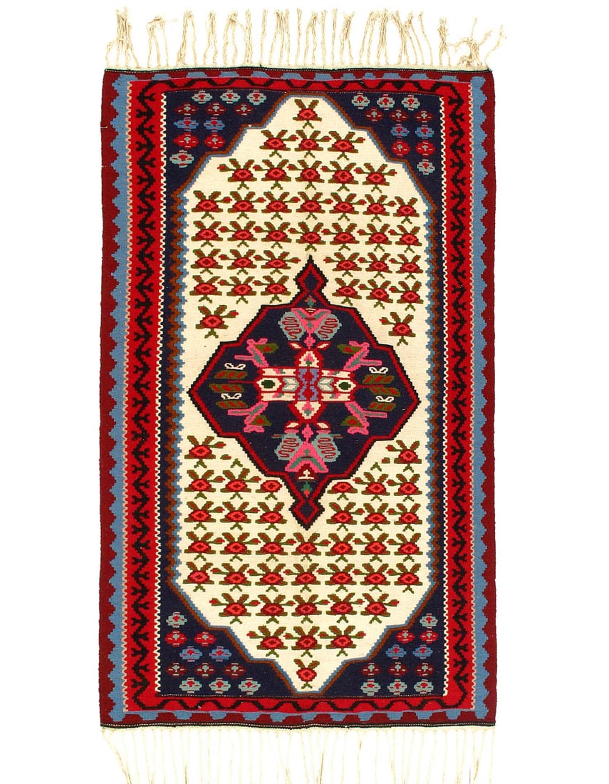 Vintage Multi color Fine Hand woven Kilim Sneh Rug 3'7"x 6'2": Vintage Multi color Fine Hand woven Kilim Sneh Rug 3'7"x 6'2" - circa 1980, Seneh Klim, Hand-Woven, Lamb's Wool, 300 -51663- 862.This item is part of our fine auction collection which includes many fi
