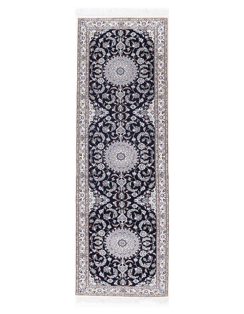 Navy Blue Fine Hand knotted Silk & wool Nain Runner 3'X 10'1": Navy Blue Fine Hand knotted Silk & wool Nain Runner 3'X 10'1" - NEW, Nain, Hand-Knotted, Wool & Silk, 300 -D13593- 862.This item is part of our fine auction collection which includes many fine home