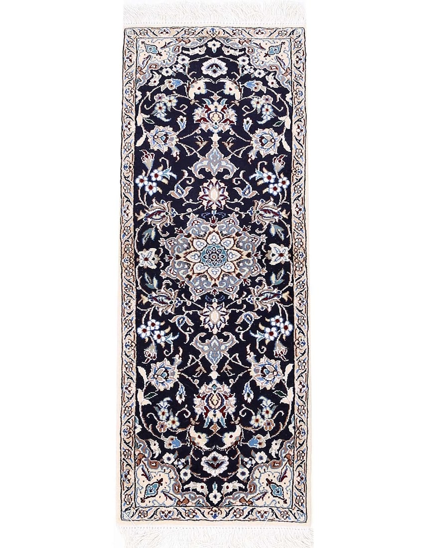Navy Blue Fine Hand knotted Silk & wool Nain Runne 1'4"X 4': Navy Blue Fine Hand knotted Silk & wool Nain Runne 1'4"X 4' - NEW, Nain, Handmade, Wool & Silk, 300 -D13597- 862.This item is part of our fine auction collection which includes many fine home