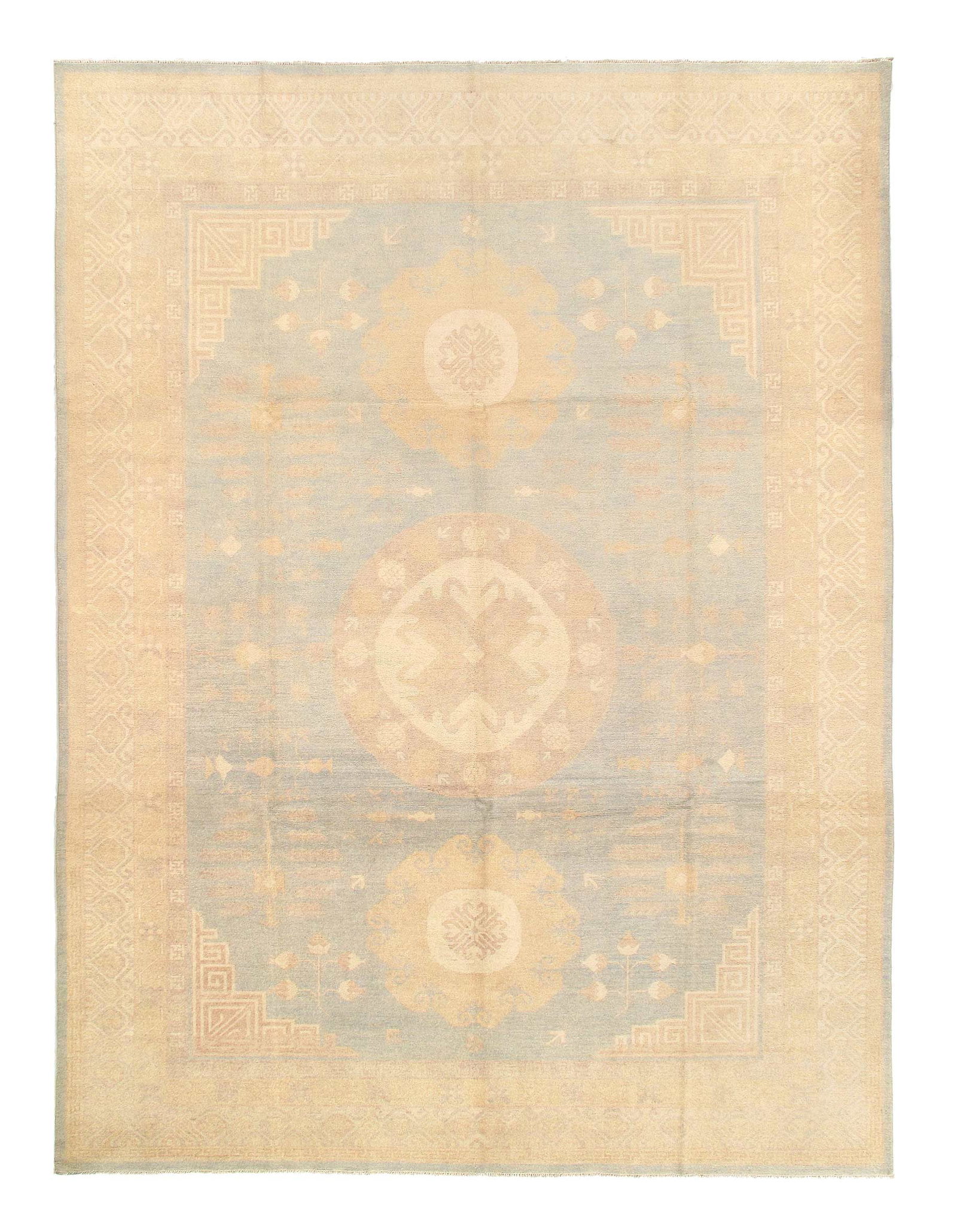 Light Blue Fine Hand Knotted Khotan 9'6'' X 13'2'': Light Blue Fine Hand Knotted Khotan 9'6'' X 13'2'' - New, Khotan, Hand-Knotted, Lamb's Wool, 300 -D05381- 862.This item is part of our fine auction collection which includes many fine home accessories