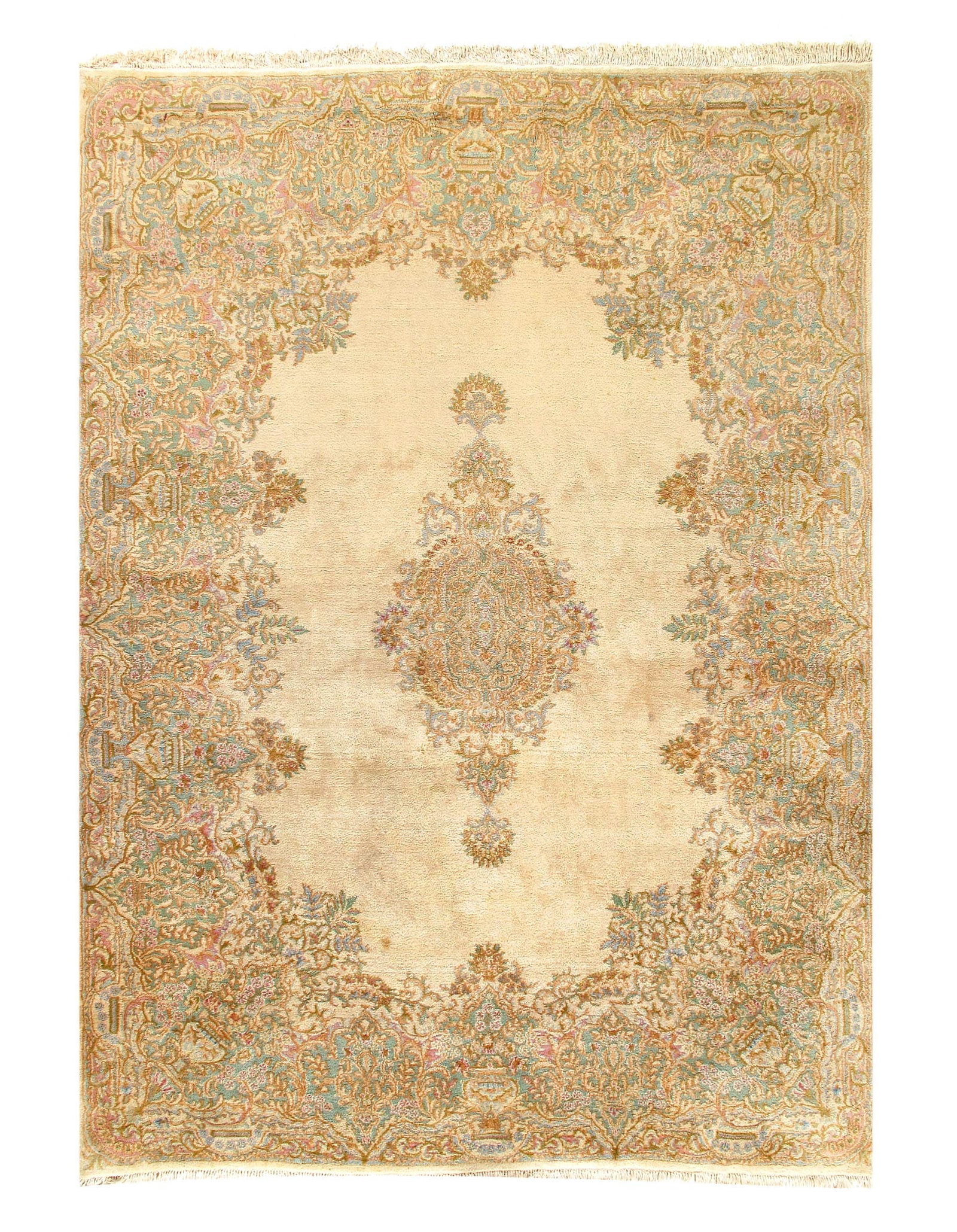 Vintage Ivory Fine Hand Knotted Persian Kerman 8'11'' X 12'11'': Vintage Ivory Fine Hand Knotted Persian Kerman 8'11'' X 12'11'' - Circa 1970, kerman, Hand-Knotted, Lamb's Wool, 300 -D11252- 862.This item is part of our fine auction collection which includes many f