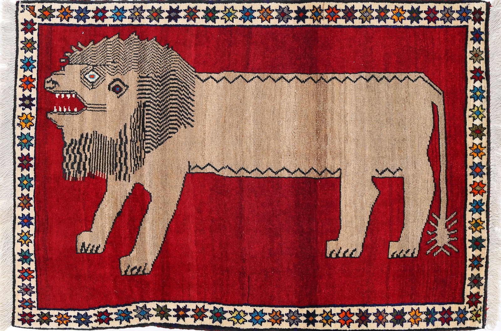 Handmade Persian Gabbeh Pictorial Lion Accent 3'5"X 5'2": Handmade Persian Gabbeh Pictorial Lion Accent 3'5"X 5'2" - NEW, Gabbeh, Hand-Knotted, Lamb's Wool, 300 -D13795- 862.This item is part of our fine auction collection which includes many fine home acces
