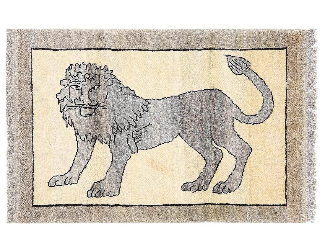 Handmade Persian Gabbeh Pictorial Lion Accent 2'8"X 4'3": Handmade Persian Gabbeh Pictorial Lion Accent 2'8"X 4'3" - NEW, Gabbeh, Hand-Woven, Lamb's Wool, 300 -D13752- 862.This item is part of our fine auction collection which includes many fine home accesso