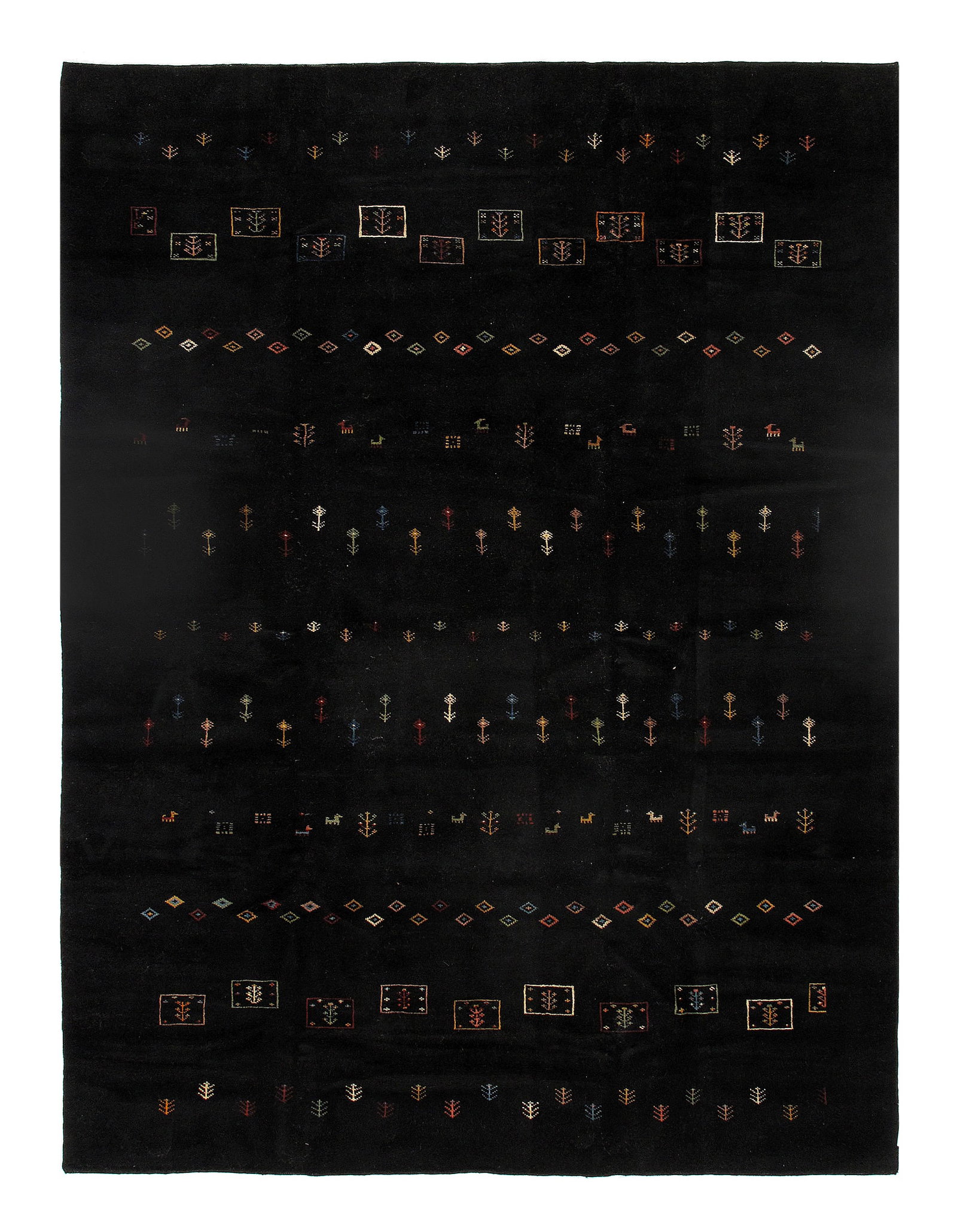 Black Persian Gabbeh 8'5" x 11'3": Black Persian Gabbeh 8'5" x 11'3" - New, Gabbeh, Hand-Knotted, Lamb's Wool, 300 -D09272- 862.This item is part of our fine auction collection which includes many fine home accessories including antiqu