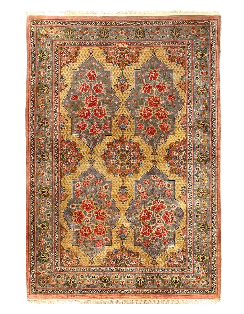 Fine Hand knotted Persian Pure silk Qum rug 3'4"X 5': Fine Hand knotted Persian Pure silk Qum rug 3'4"X 5'' - New, Qum , Hand-Knotted, Lamb's Wool, 300 -D15312- 862.This item is part of our fine auction collection which includes many fine home accessorie