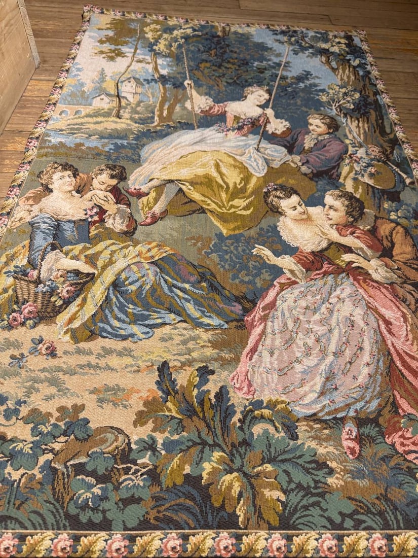 Genre Tapestry Landscape Romantic Vintage 2'7'' X 4'1'': Genre Tapestry Landscape Romantic Vintage 2'7'' X 4'1'' - Circa 1970, French, Hand-made, Flat Weave, 300 -D12052- 862.This item is part of our fine auction collection which includes many fine home acc