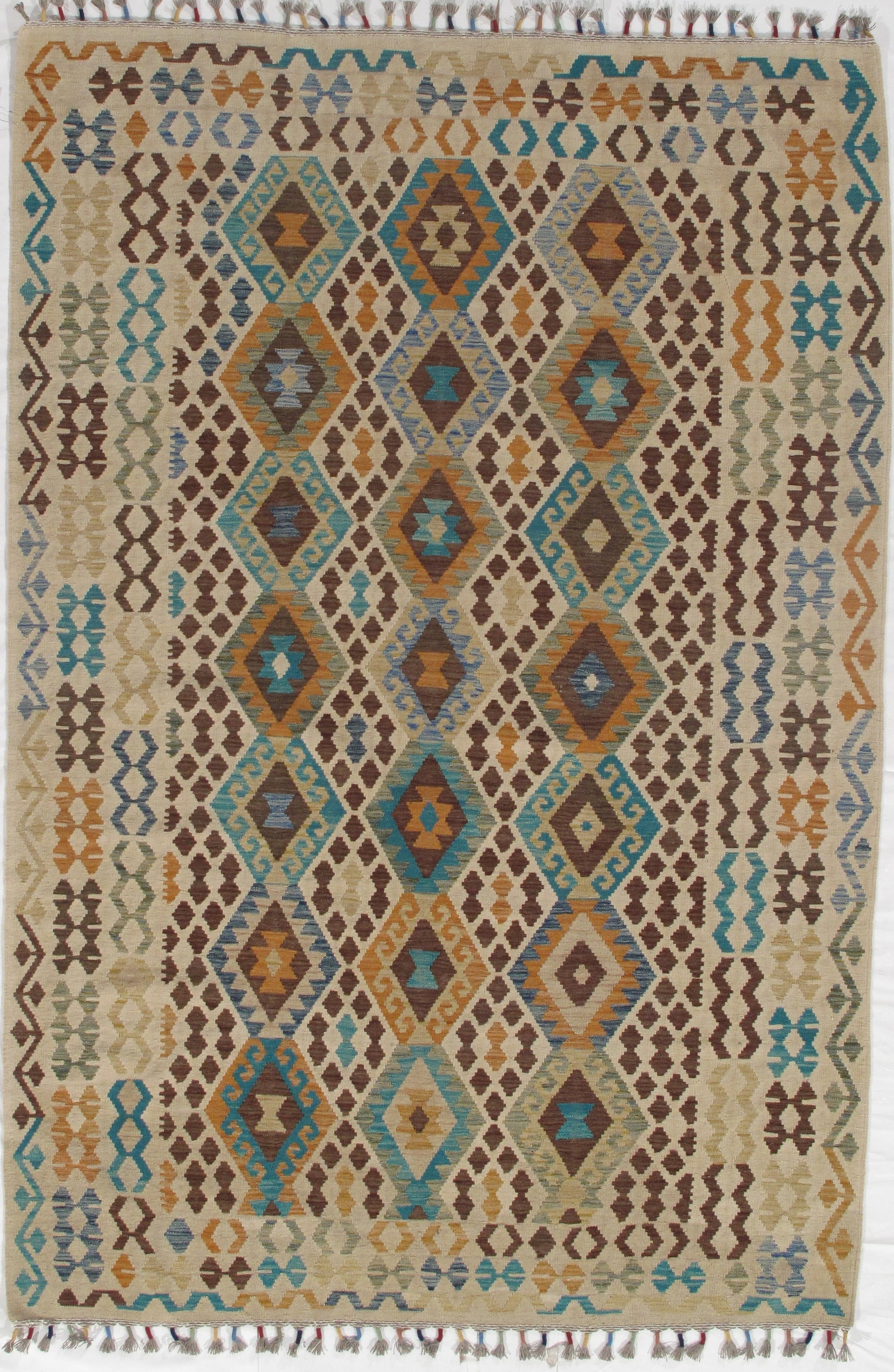 Multi color Flat weave kilim 6' 7''X 9' 7'': Multi color Flat weave kilim 6' 7''X 9' 7'' - New, Flat Weave, Hand-Knotted, Lamb's Wool, 300 -D09870- 862.This item is part of our fine auction collection which includes many fine home accessories in