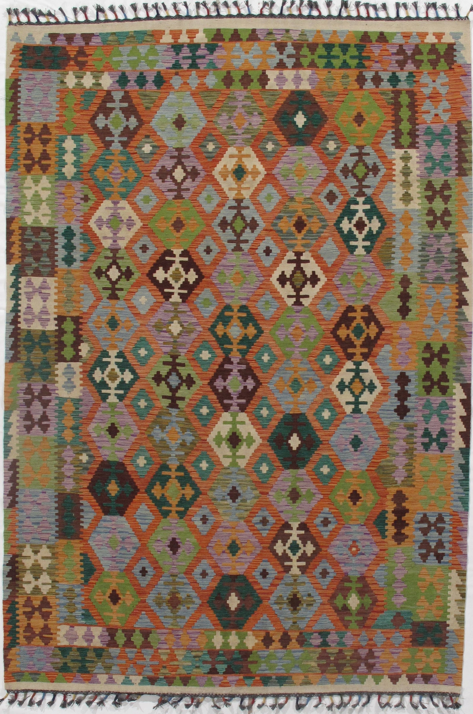 Multi color Flat weave kilim 6' 8''X 9' 7'': Multi color Flat weave kilim 6' 8''X 9' 7'' - New, Flat Weave, Hand-Knotted, Lamb's Wool, 300 -D09872- 862.This item is part of our fine auction collection which includes many fine home accessories in