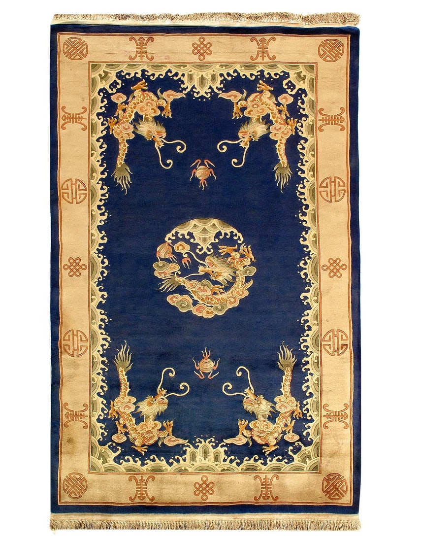 Fine Hand knotted Chinese Dragon design rug 5'1"X 8': Fine Hand knotted Chinese Dragon design rug 5'1"X 8' - CIRCA 1960, Chinese Peking, Hand-Knotted, Lamb's Wool, 300 -D14172- 862.This item is part of our fine auction collection which includes many fine