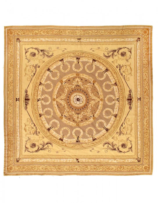 Beige Fine Hand Knotted Abusson Rug 9'8" x 9'8": Beige Fine Hand Knotted Abusson Rug 9'8" x 9'8" - Circa 1980, Abuson, Hand-Woven, Lamb's Wool, 300 -D12608- 862.This item is part of our fine auction collection which includes many fine home