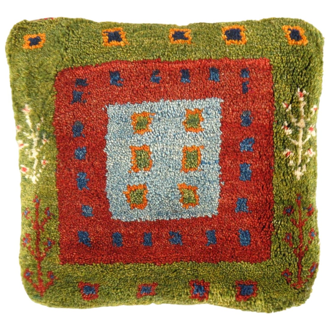 Fine Hand knotted Persian Gabbeh pillow 15"X 16": Fine Hand knotted Gabbeh pillow 15"X 16" - New, gabbeh, Hand-made, Velvet Silk, 300 -PG 344- 862.This item is part of our fine auction collection which includes many fine home accessories including an