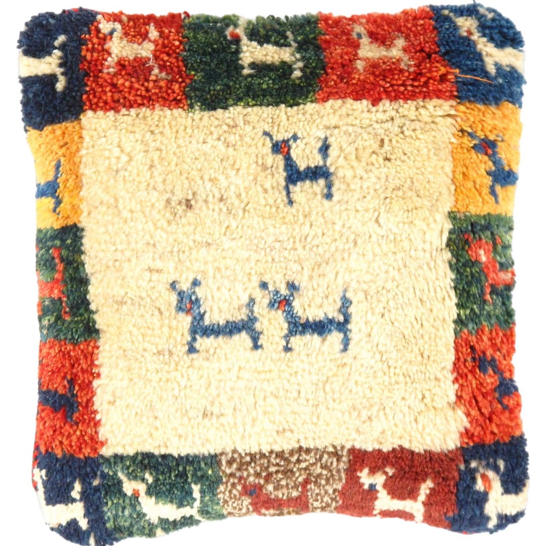 Fine Hand knotted Persian Gabbeh pillow 15"X 16": Fine Hand knotted Persian Gabbeh pillow 15"X 16"- New, Gabbeh, Hand-made, Wool, 300 -PG 444- 862.This item is part of our fine auction collection which includes many fine home accessories including an