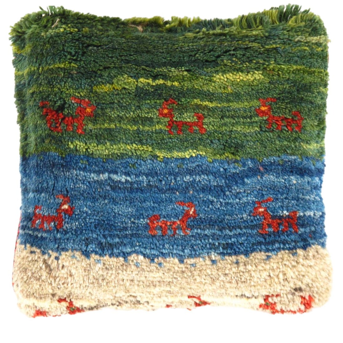 Fine Hand knotted Persian Gabbeh pillow 15'' X 15'': Fine Hand knotted Persian Gabbeh pillow 15'' X 15''- New, gabbeh, Hand-made, wool, 300 -PG 356- 862.This item is part of our fine auction collection which includes many fine home accessories including