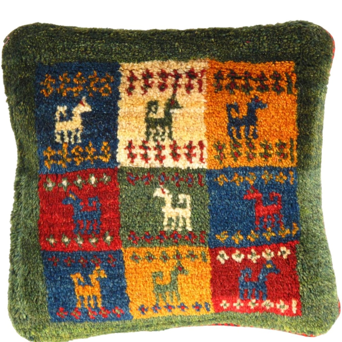 Fine Hand knotted Persian Gabbeh pillow 16'' X 16'': Fine Hand knotted Persian Gabbeh pillow 16'' X 16''New, Ikat, Hand-made, wool, 300 -PG 410- 862.This item is part of our fine auction collection which includes many fine home accessories including ant