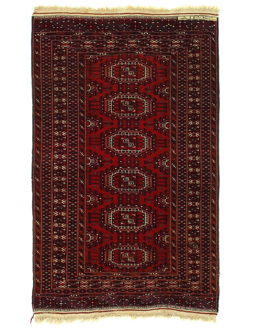 Red Russian Turkman 3'.6'' x 5'.8'': Red Russian Turkman 3'.6'' x 5'.8'' - circa 1960, Turkaman, Hand-Knotted, Lamb's Wool, 300 -D08246- 862.This item is part of our fine auction collection which includes many fine home accessories inclu
