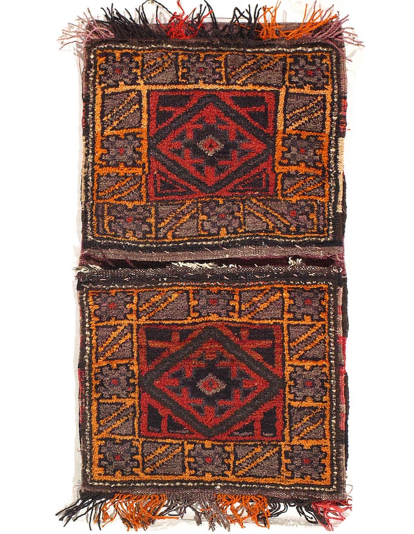 Vintage Persian Hand Knotted Shiraz saddle bag 1'7" X 3': Vintage Persian Hand Knotted Shiraz saddle bag 1'7" X 3' - CIRCA 1930, Shiraz, Hand-Knotted, Lamb's Wool, 300 -D15115- 862.This item is part of our fine auction collection which includes many fine hom
