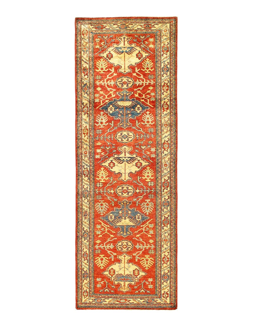 Fine Hand Knotted kazak Runner 3' X 8'8'': Fine Hand Knotted kazak Runner 3' X 8'8'' - New, Kazak, Hand-Knotted, Lamb's Wool, 300 -D12688- 862.This item is part of our fine auction collection which includes many fine home accessories including