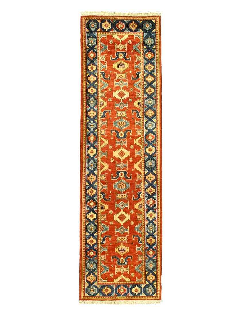 Fine Hand Knotted Kazak design Runner 2'9'' X 9'7'': Fine Hand Knotted Kazak design Runner 2'9'' X 9'7'' - New, Kazak, Hand-Knotted, Lamb's Wool, 300 -25255- 862.This item is part of our fine auction collection which includes many fine home accessories 