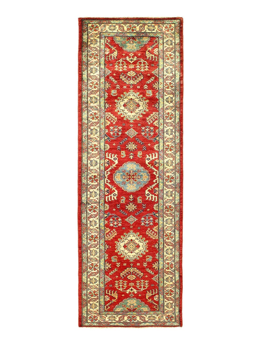 Red Super Kazak Lamb's Wool Runner 2'7" X 8': Red Super Kazak Lamb's Wool Runner 2'7" X 8' - New, Kazak, Hand-Knotted, Lamb's Wool, 300 -d12684- 862.This item is part of our fine auction collection which includes many fine home accessories includ