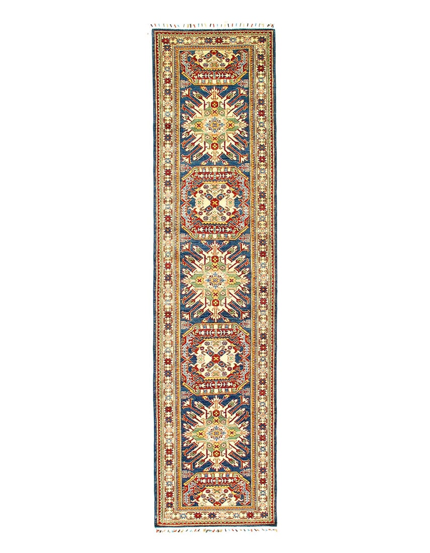 blue Super Kazak Lamb's Wool Runner 2'11" X 12'2": blue Super Kazak Lamb's Wool Runner 2'11" X 12'2" - New, Kazak, Hand-Knotted, Lamb's Wool, 300 -D12692- 862.This item is part of our fine auction collection which includes many fine home accessories i